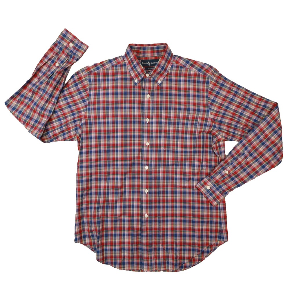 Ralph Lauren Vintage Classic Fit Red Blue Plaid Button Up Shirt Men'ssize Medium